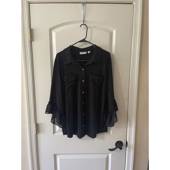 Susan Graver Women’s Size Large Black Blouse Ruffle Trim Career - Picture 2 of 9